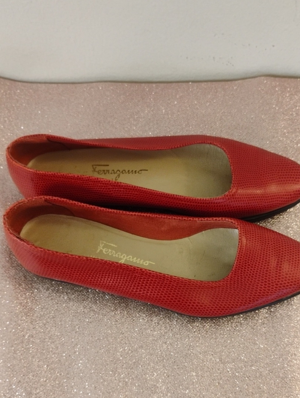Salvatore Ferragamo Red Lizard-Texture Pointed Toe Flats